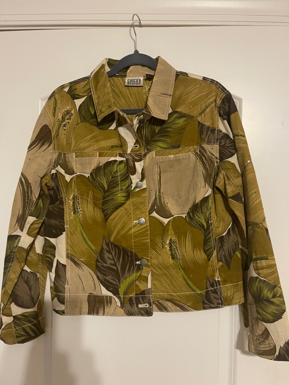 Vintage Chico's Olive & Tan Leaf-Print Cotton Jacket Size 1